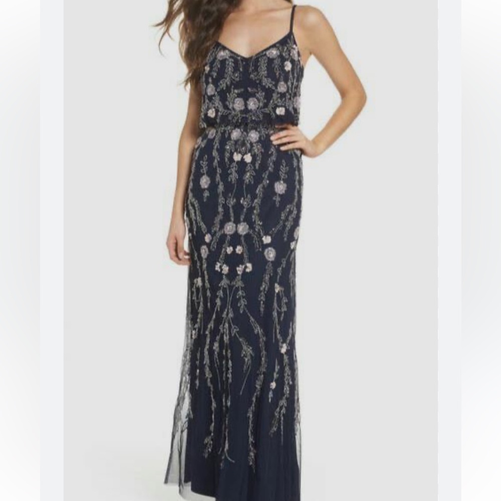 Adrianna Papell Women's Navy Blue Sleeveless Floral Beaded Dress Size 8